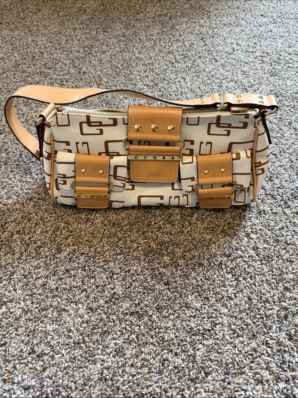 Guess Cream Shoulder Bag with Tan & Gold Accents